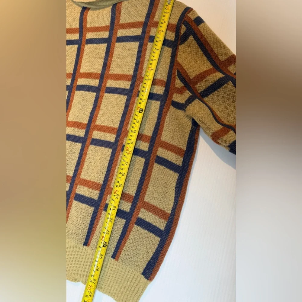 Vintage Grandpa Style Cardigan Sweater Beige Blue Rust Grid Button Front-XL